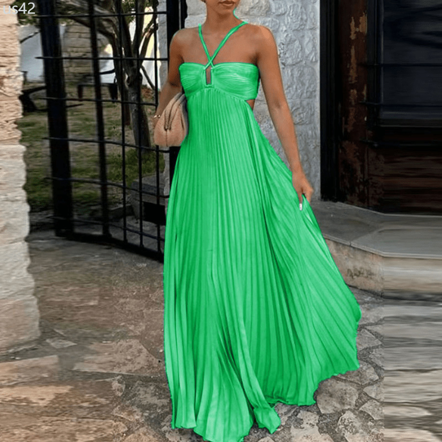 Blue High Waist Pleats Robe Dress Casual Sleeveless Solid Color Holiday Dress Su